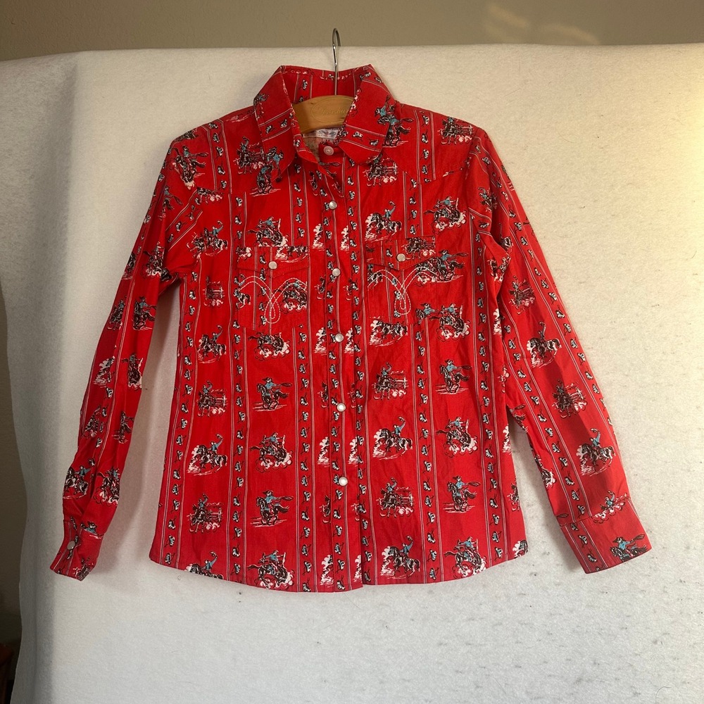 Panhandle Slim Girls Red Western Cowboy Print Pearl Snap Shirt Size M bronco